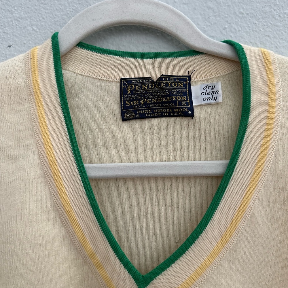 Pendleton V-Neck Sweater in Cream with Green and Yellow Accents